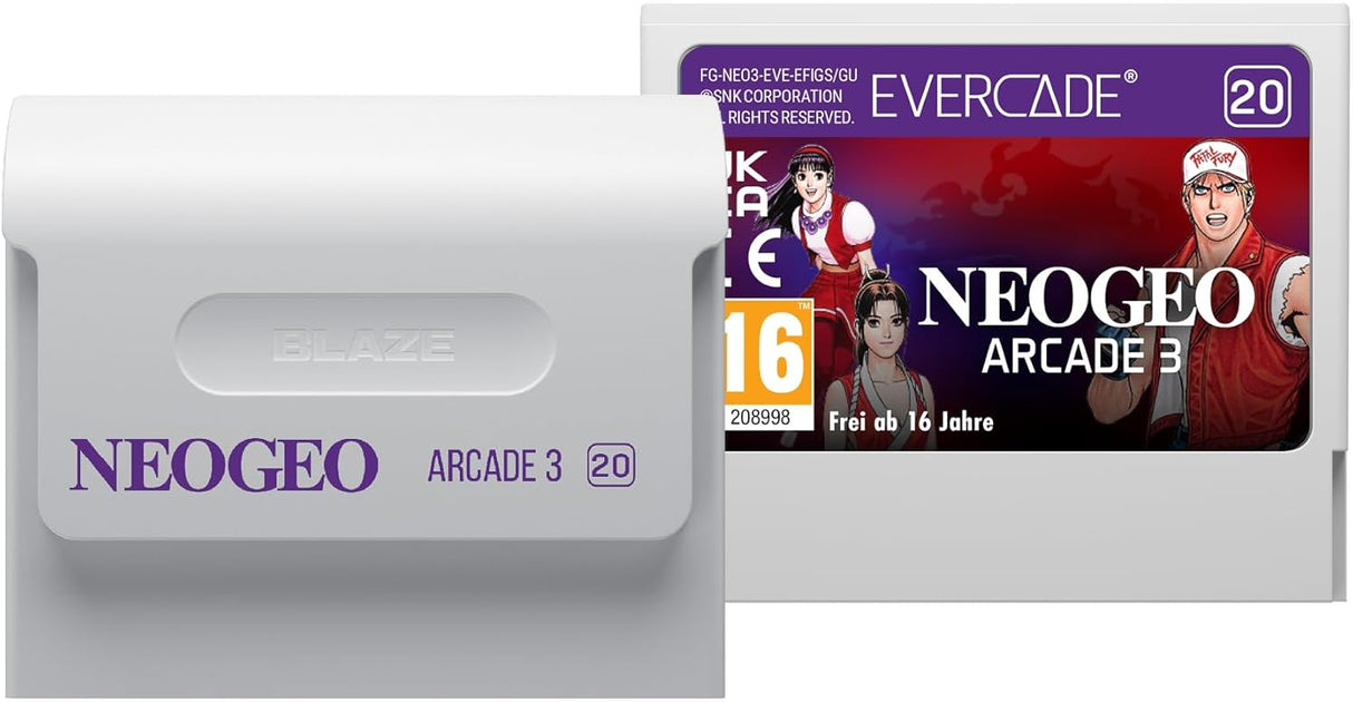 NEOGEO Arcade 3 game cartridge packaging with branding and graphics.