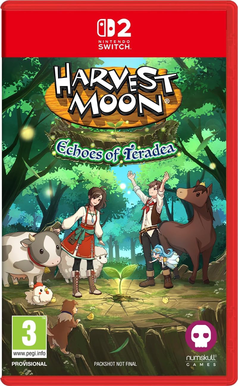 Nintendo Switch game case for Harvest Moon: Echoes of Teradea, featuring illustrated cover art with a red border, game title at the top, Nintendo Switch branding, PEGI 3 rating, and Numskull Games logo.