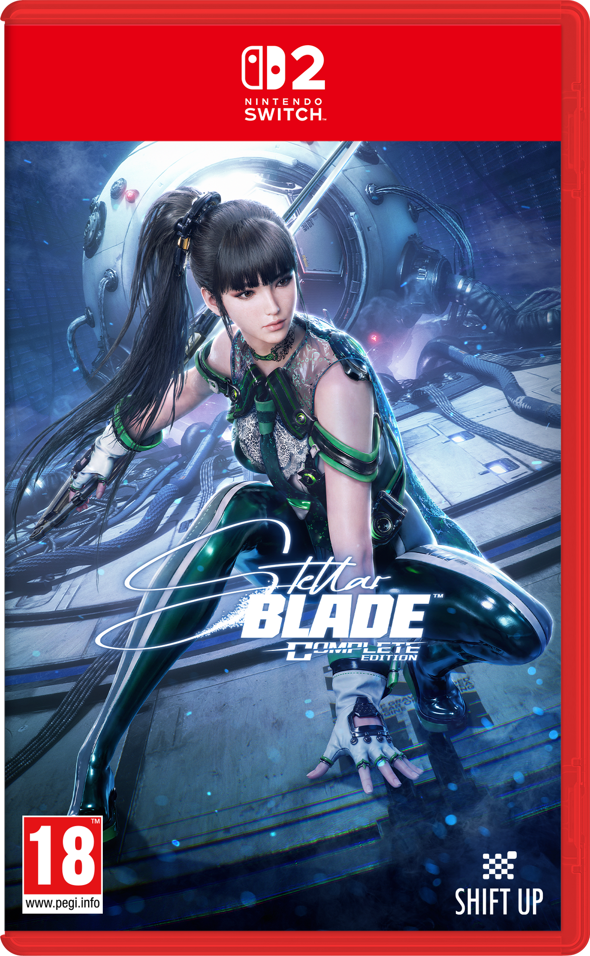 Front cover of the Nintendo Switch game Softor Blade: Complete Edition, featuring a stylized female fighter in a futuristic blue sci-fi setting with the Nintendo Switch logo at the top and an 18 rating badge at the bottom left.