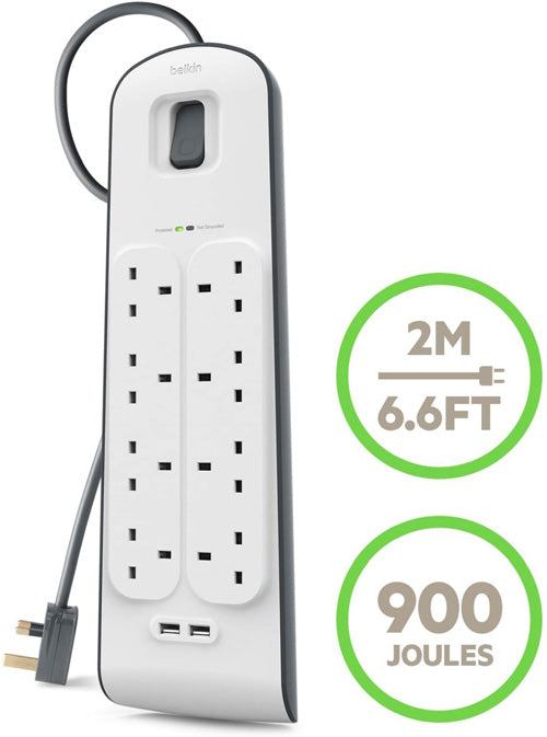 Belkin 8 Way Surge Protect Strip - 2m Cable with 2 x USB - Cables by Belkin The Chelsea Gamer