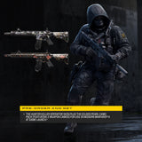 A promotional graphic for a pre-order item showing two camouflaged assault rifle skins on the left and a soldier model wearing a dark hooded tactical outfit on the right. Text at the bottom reads 'PRE-ORDER AND GET' and describes the Hunter Killer operator skin plus the Gilded Pearl camo pack for Modern Warfare 4.