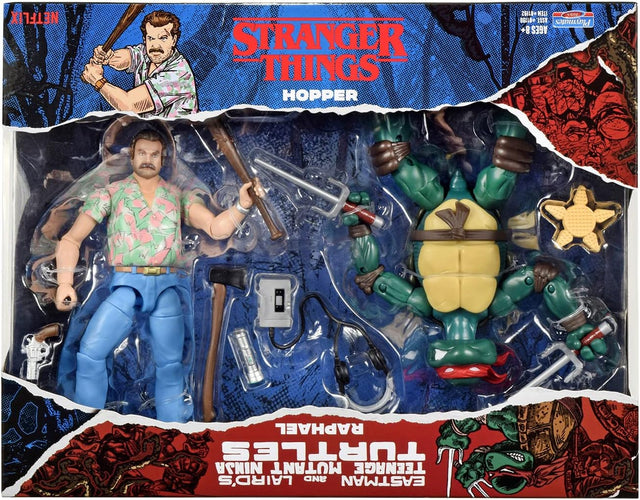 Teenage Mutant Ninja Turtles Raphael Vs Stranger Things Hopper Action Figures  6'' And Turtle With Articulation, P81192 - Merchandise by Bandai Namco Entertainment The Chelsea Gamer