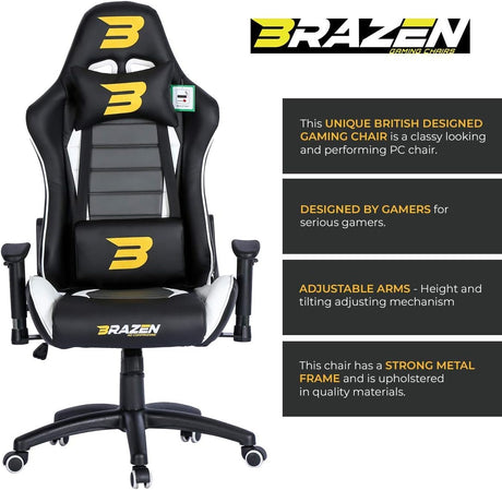 BraZen Sentinel Elite PC Gaming Chair - Black/White - Furniture by BraZen The Chelsea Gamer