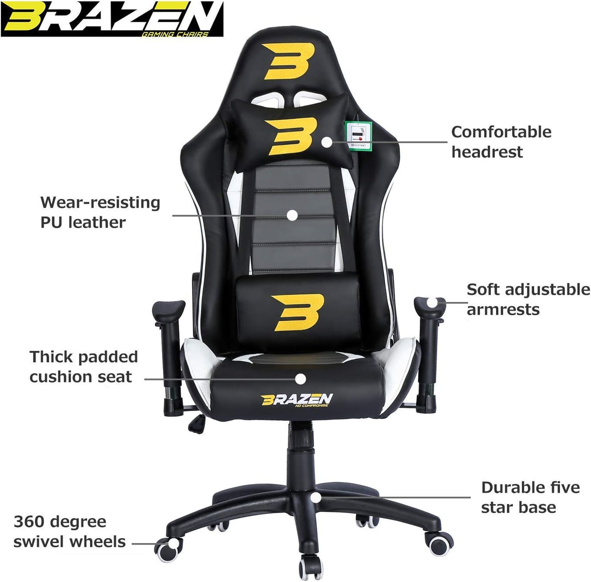 BraZen Sentinel Elite PC Gaming Chair - Black/White - Furniture by BraZen The Chelsea Gamer