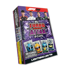 Topps Turbo Attax Formula 1® 2025 - Mega Tin - Lightning Lids - contains 66 cards including 6 LE's and 4 Exclusive 'Lightning Lids' Cards! - Merchandise by Topps The Chelsea Gamer