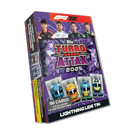 Topps Turbo Attax Formula 1® 2025 - Mega Tin - Lightning Lids - contains 66 cards including 6 LE's and 4 Exclusive 'Lightning Lids' Cards! - Merchandise by Topps The Chelsea Gamer