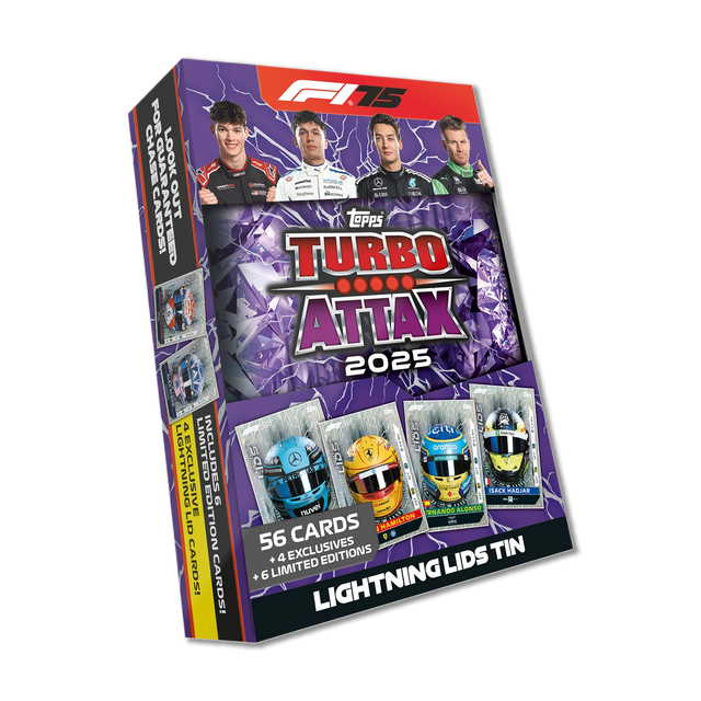 Topps Turbo Attax Formula 1® 2025 - Mega Tin - Lightning Lids - contains 66 cards including 6 LE's and 4 Exclusive 'Lightning Lids' Cards! - Merchandise by Topps The Chelsea Gamer