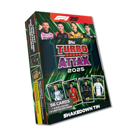 Topps Turbo Attax Formula 1® 2025 - Mega Tin - Shakedown - contains 66 cards including 6 LE's and 4 Exclusive 'Shakedown' Cards! - Merchandise by Topps The Chelsea Gamer