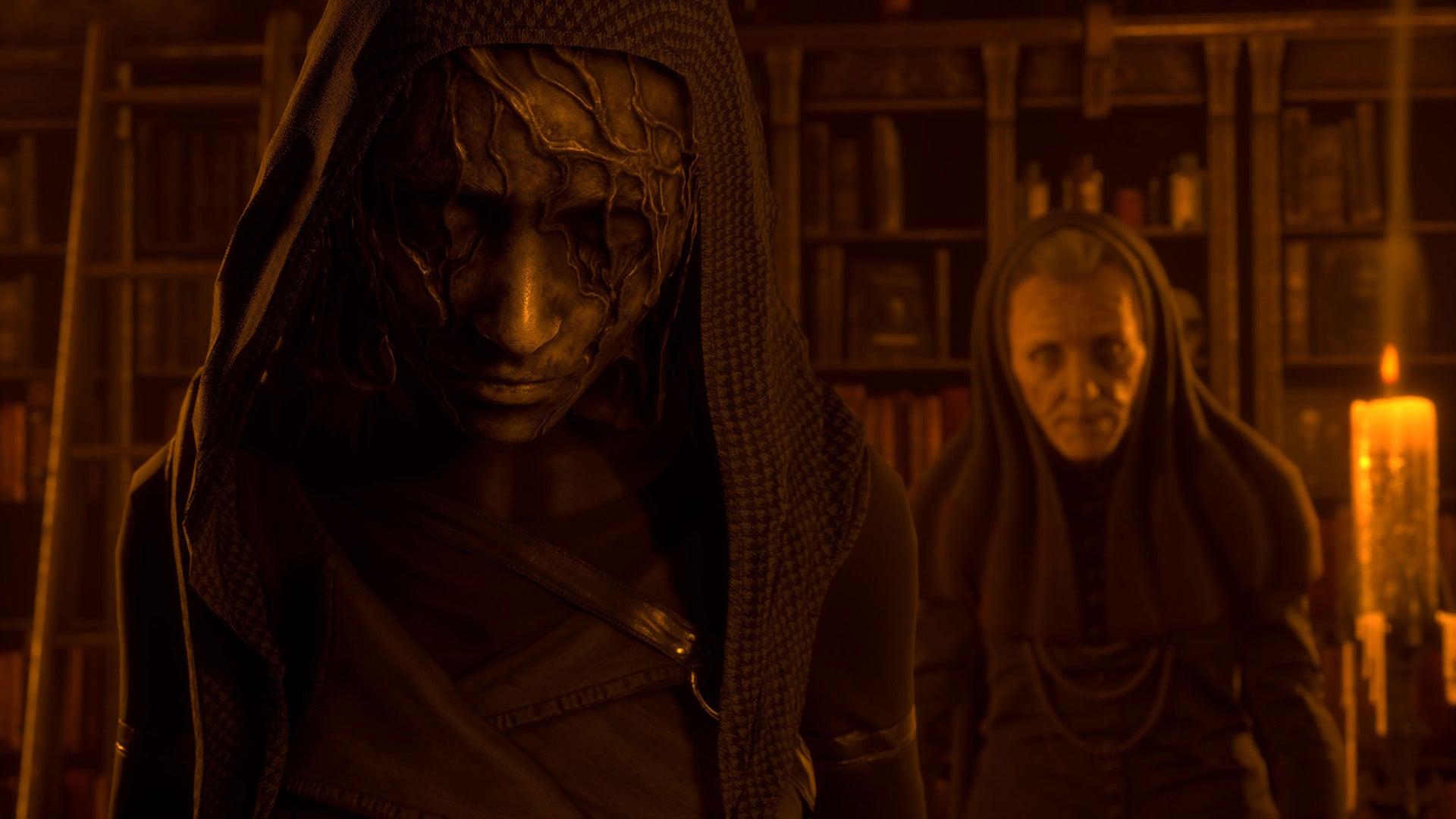 Two hooded figures in a dimly lit room with bookshelves and a candle.