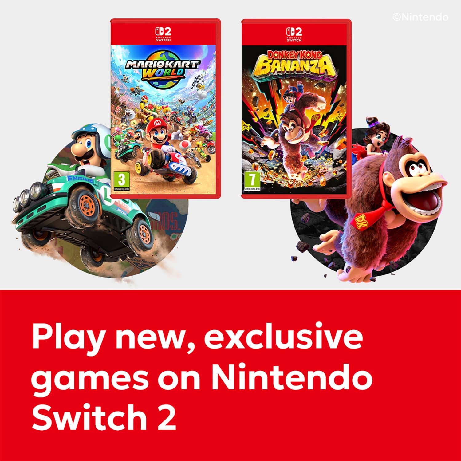 Two Nintendo Switch games, 'Mario Kart World' and 'Donkey Kong Banana', with promotional text on a red background.
