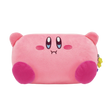 A pink plush pencil case shaped like Kirby's face, featuring embroidered eyes with blue tears, pink cheeks, and a small sad mouth on a plain white background.