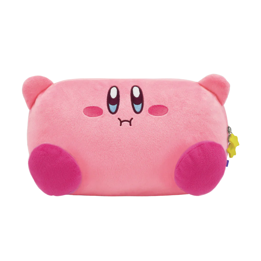 A pink plush pencil case shaped like Kirby's face, featuring embroidered eyes with blue tears, pink cheeks, and a small sad mouth on a plain white background.