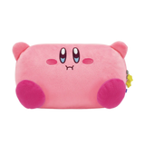 A pink plush pencil case shaped like Kirby's face, featuring embroidered eyes with blue tears, pink cheeks, and a small sad mouth on a plain white background.
