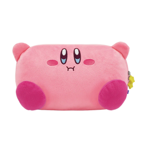 A pink plush pencil case shaped like Kirby's face, featuring embroidered eyes with blue tears, pink cheeks, and a small sad mouth on a plain white background.