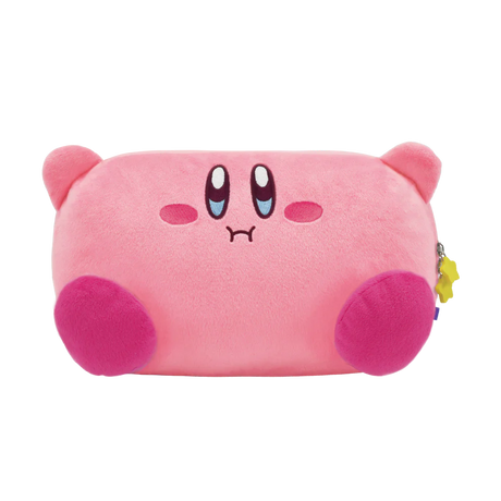 A pink plush pencil case shaped like Kirby's face, featuring embroidered eyes with blue tears, pink cheeks, and a small sad mouth on a plain white background.