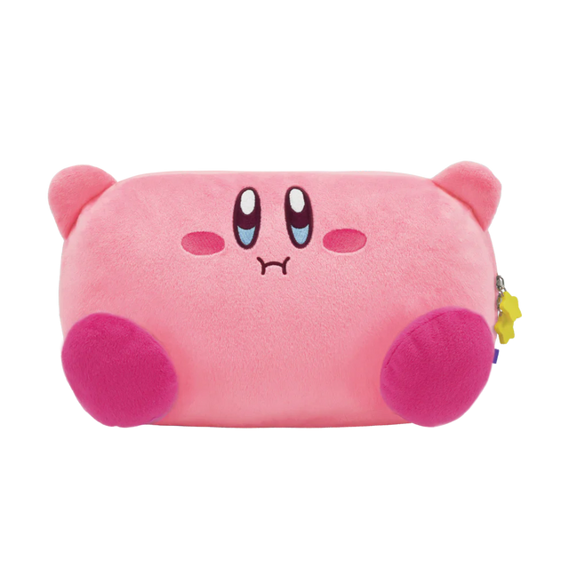 A pink plush pencil case shaped like Kirby's face, featuring embroidered eyes with blue tears, pink cheeks, and a small sad mouth on a plain white background.