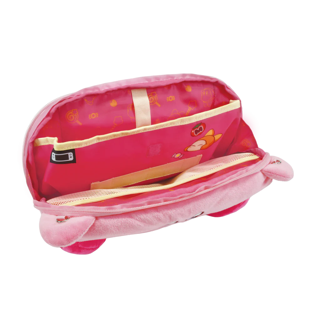 A pink plush pencil case shown open, revealing a lined interior with a zippered compartment, elastic band, and cartoon fox print on the pocket.