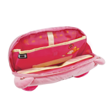 A pink plush pencil case shown open, revealing a lined interior with a zippered compartment, elastic band, and cartoon fox print on the pocket.