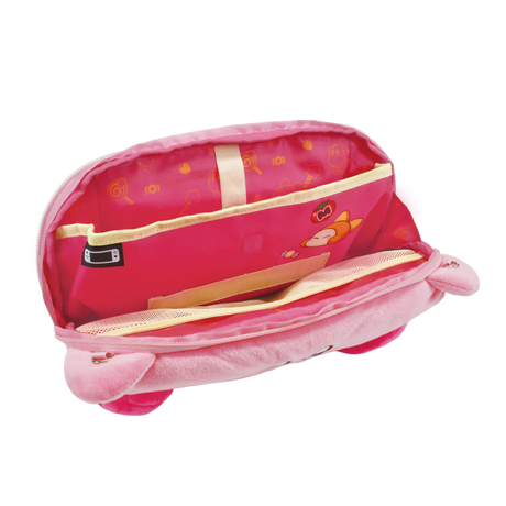 A pink plush pencil case shown open, revealing a lined interior with a zippered compartment, elastic band, and cartoon fox print on the pocket.
