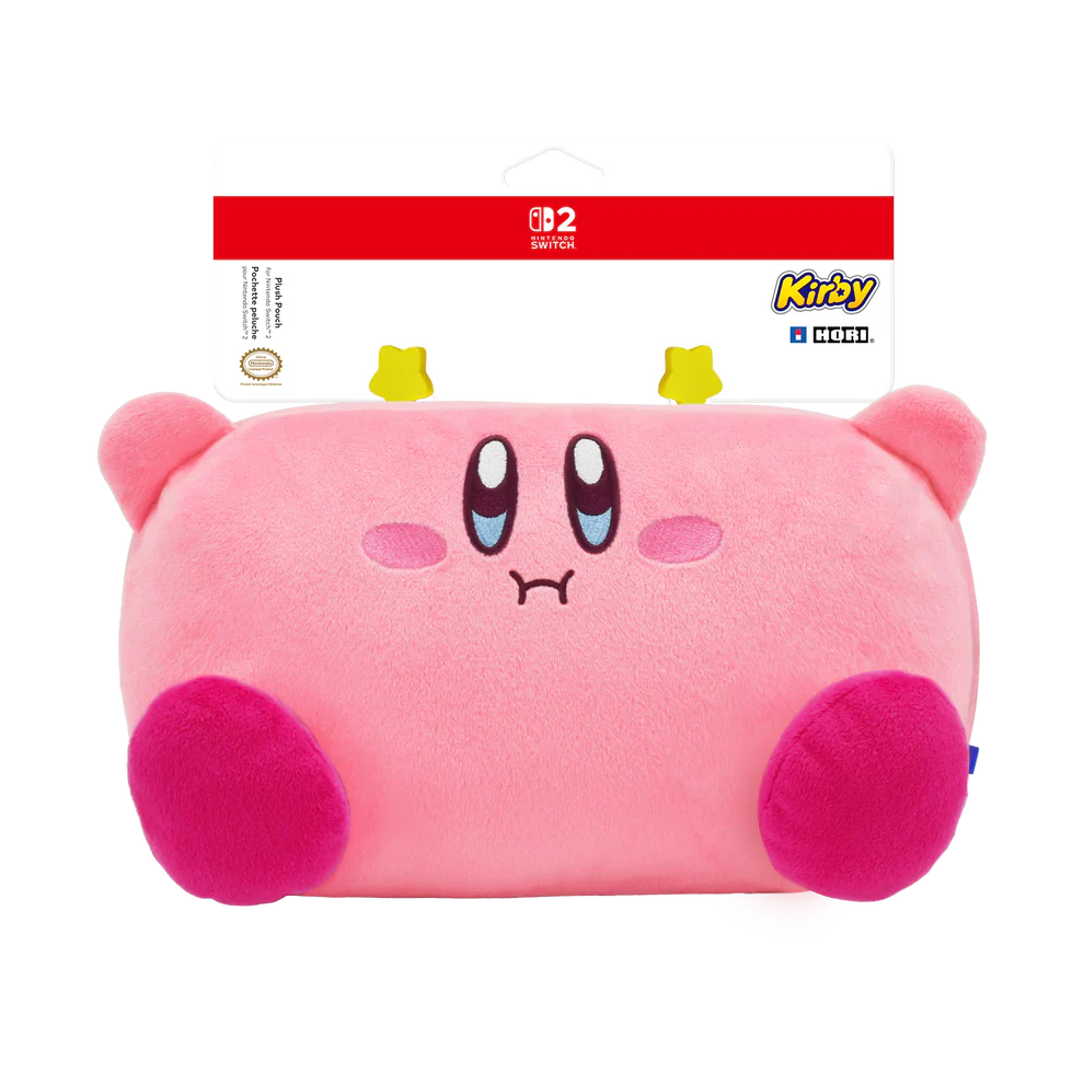 A pink Kirby plush pillow with a sad face, shown in its original retail packaging. The packaging features a red Nintendo Switch 2 logo at the top and a Kirby Media logo on the right.