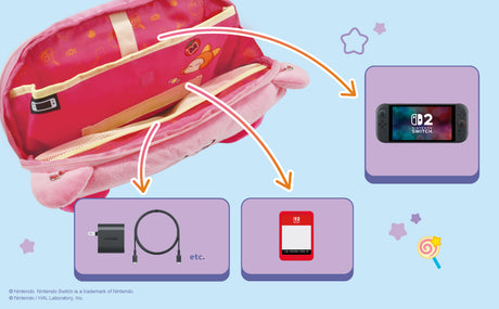 With the inbuilt mesh lining, inside the pouch there is enough space to store:
Nintendo Switch™2, Nintendo Switch™, Nintendo Switch™ - OLED Model (One of the systems)
AC adaptor or other accessories
6 Game Cartridges
*The Nintendo Switch™ 2 dock cannot be stored inside
*Please fasten the separator with the belt to avoid your system falling out of place