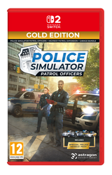 Nintendo Switch game case for Police Simulator Patrol Officers Gold Edition, featuring cover art of two police officers standing in front of patrol cars on a city street.