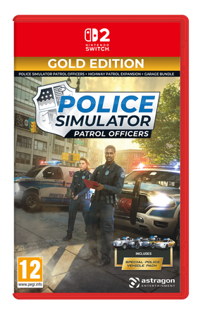 Nintendo Switch game case for Police Simulator Patrol Officers Gold Edition, featuring cover art of two police officers standing in front of patrol cars on a city street.