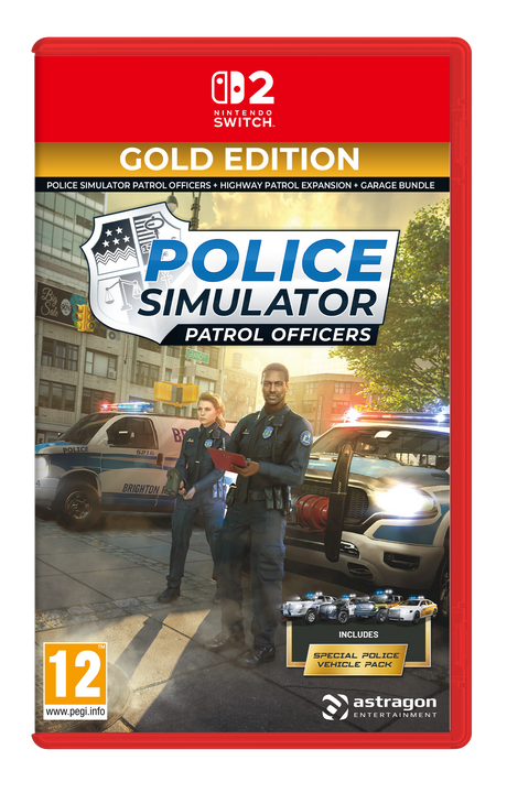 Nintendo Switch game case for Police Simulator Patrol Officers Gold Edition, featuring cover art of two police officers standing in front of patrol cars on a city street.
