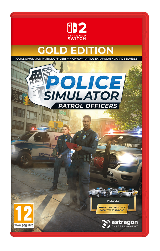 Nintendo Switch game case for Police Simulator Patrol Officers Gold Edition, featuring cover art of two police officers standing in front of patrol cars on a city street.