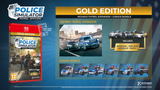Promotional graphic for the Police Simulator 4 Gold Edition expansion pack, showing the game box art, a game card, and a blue graphic layout detailing the highway patrol expansion and garage bundle vehicle pack.