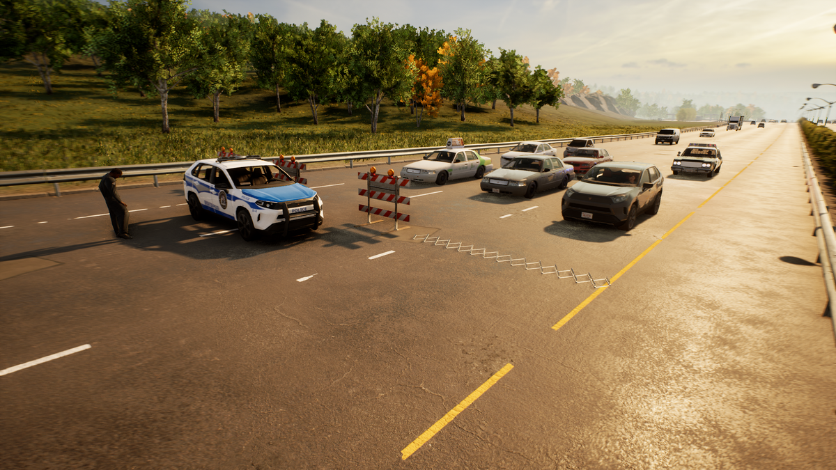 A digital rendering of a highway traffic scene with multiple cars, a police car, a standing officer, and a speed bump barrier. This appears to be a game or simulation screenshot rather than a standard retail product photo.