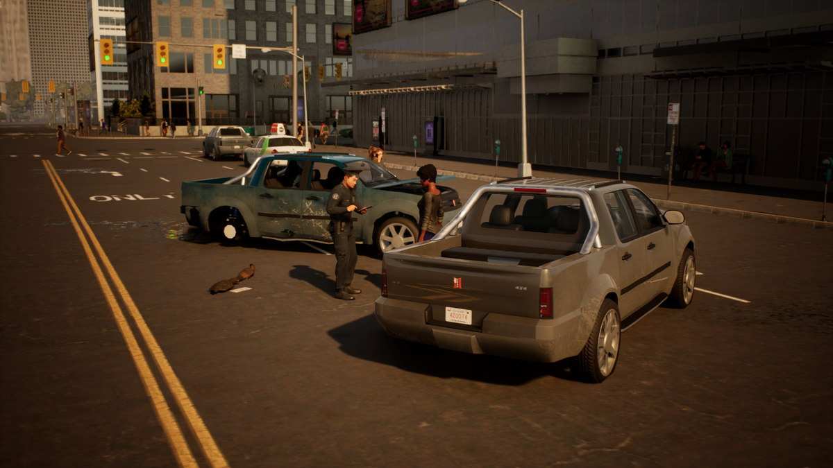 A dusty silver pickup truck is parked on a city street next to a teal car, with two men standing near the teal vehicle in an urban setting.