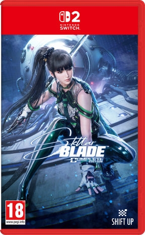 Front cover of the Nintendo Switch game Softor Blade: Complete Edition, featuring a stylized female fighter in a futuristic blue sci-fi setting with the Nintendo Switch logo at the top and an 18 rating badge at the bottom left.