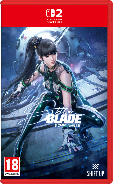 Front cover of the Nintendo Switch game Softor Blade: Complete Edition, featuring a stylized female fighter in a futuristic blue sci-fi setting with the Nintendo Switch logo at the top and an 18 rating badge at the bottom left.