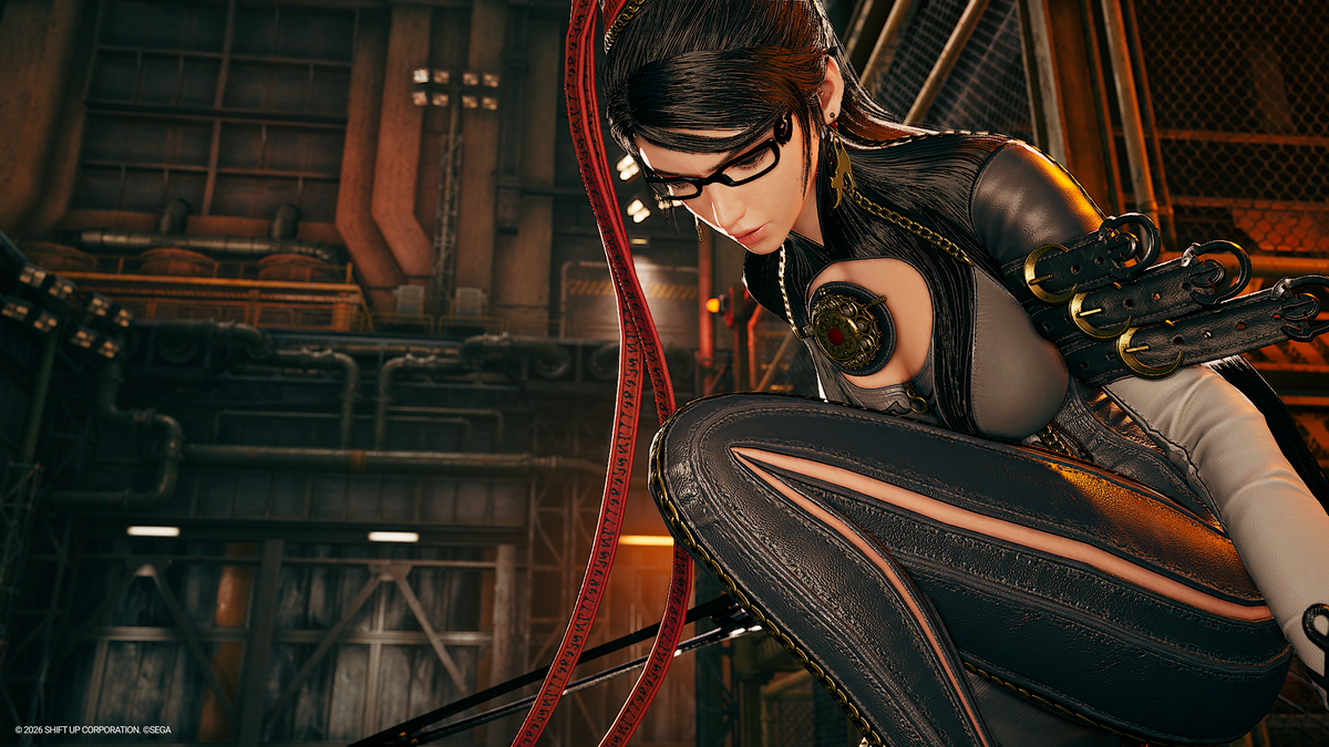 A close-up action-style scene of a female anime character crouching in an industrial interior. She has long dark hair with red streaks, wears black and gray fitted clothing with metallic details, and holds a gun.
