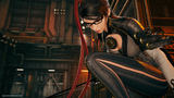 A close-up action-style scene of a female anime character crouching in an industrial interior. She has long dark hair with red streaks, wears black and gray fitted clothing with metallic details, and holds a gun.