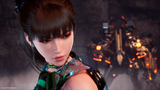 A close-up of a female video game character with dark hair and a futuristic green and black outfit, set against a dark industrial background with glowing orange machinery.