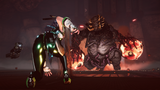 A dark fantasy action scene showing a female warrior in glowing green and black armor crouching in front of a large monstrous creature with glowing red orbs in a dim, fiery arena.