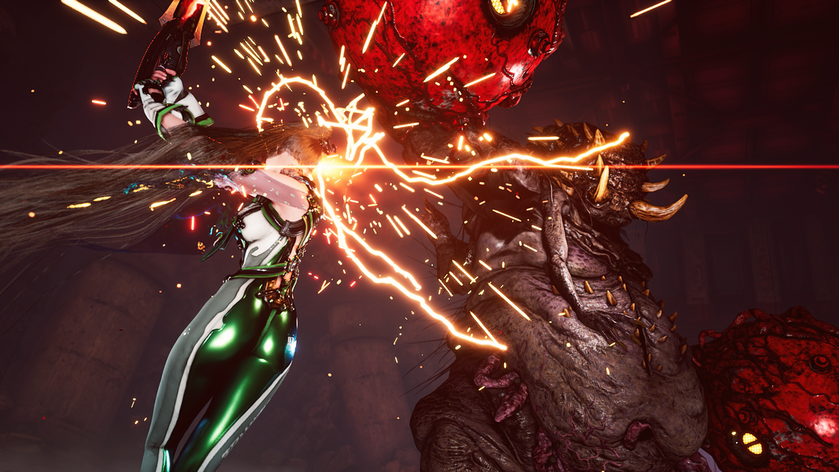 A dramatic action scene showing a character in a white and green outfit with glowing green accents, facing off against a large red monster with sparks and orange energy effects in a dark environment.