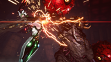 A dramatic action scene showing a character in a white and green outfit with glowing green accents, facing off against a large red monster with sparks and orange energy effects in a dark environment.