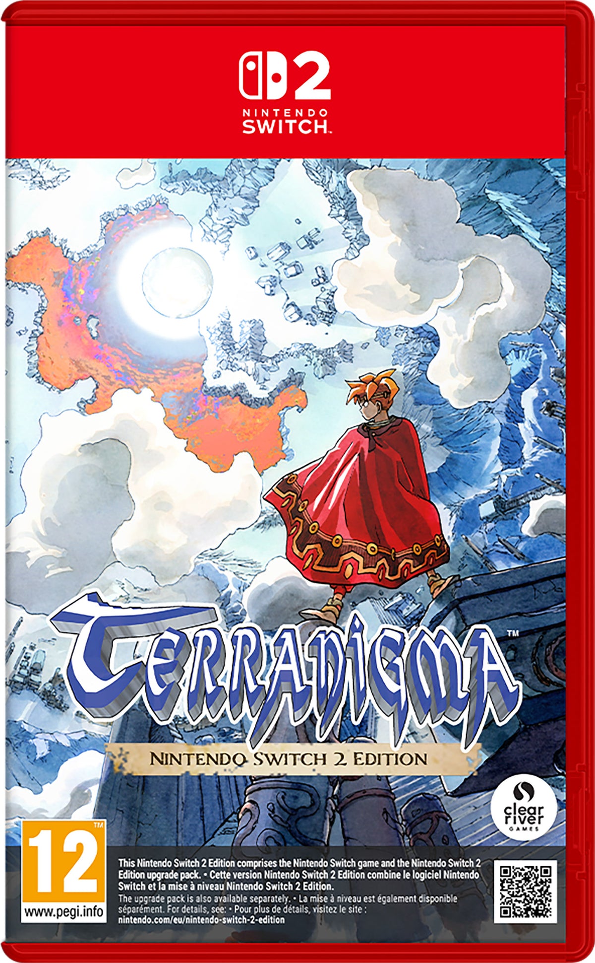 Front cover of the Nintendo Switch 2 edition of the game Terracuma, featuring illustrated fantasy artwork with a red-robed character against a blue sky and clouds, plus Nintendo Switch branding and age rating logos.
