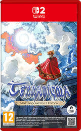 Front cover of the Nintendo Switch 2 edition of the game Terracuma, featuring illustrated fantasy artwork with a red-robed character against a blue sky and clouds, plus Nintendo Switch branding and age rating logos.