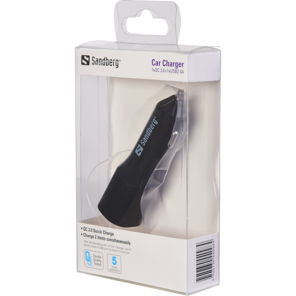 Sandberg Car Charger 1xQC 3.0+1xUSB2.4A - Cables by Sandberg The Chelsea Gamer
