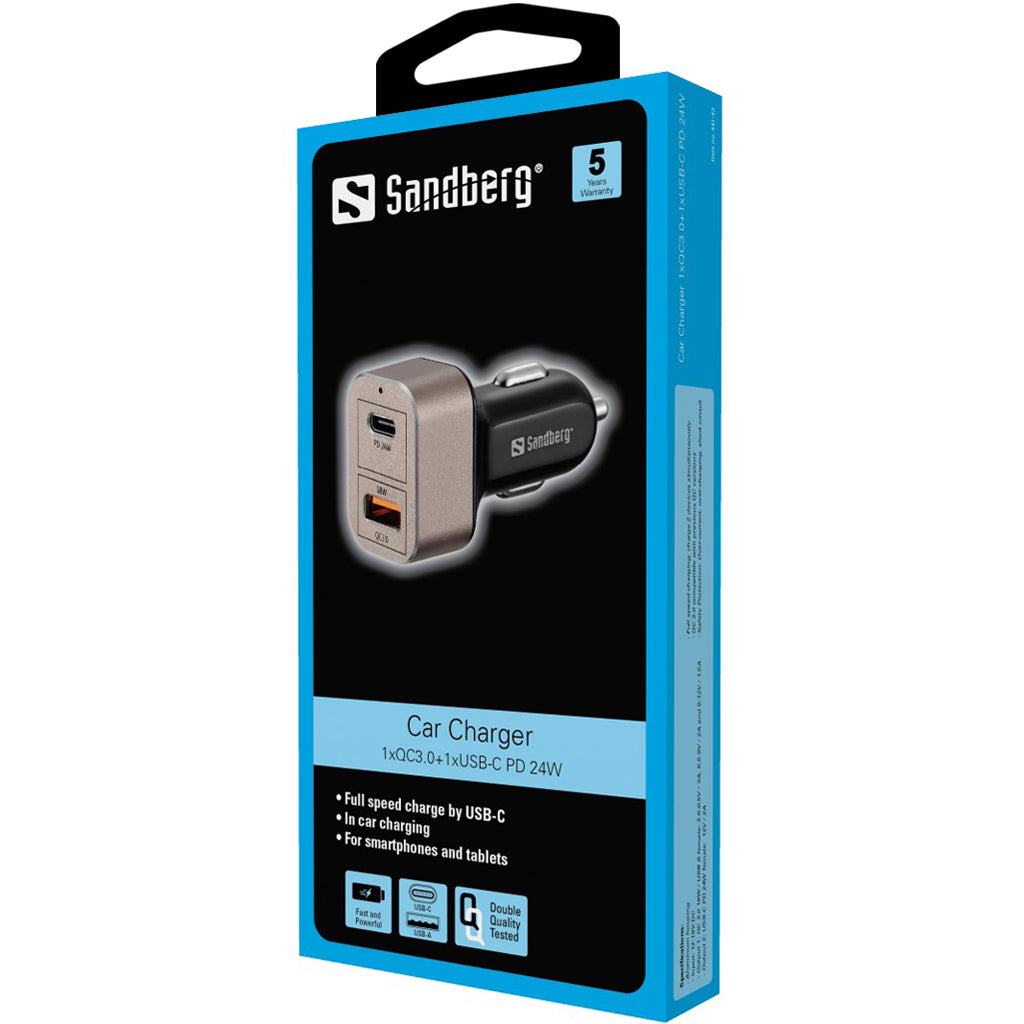 Sandberg Car Charger 1xQC3.0+1xUSBC 24W - Cables by Sandberg The Chelsea Gamer