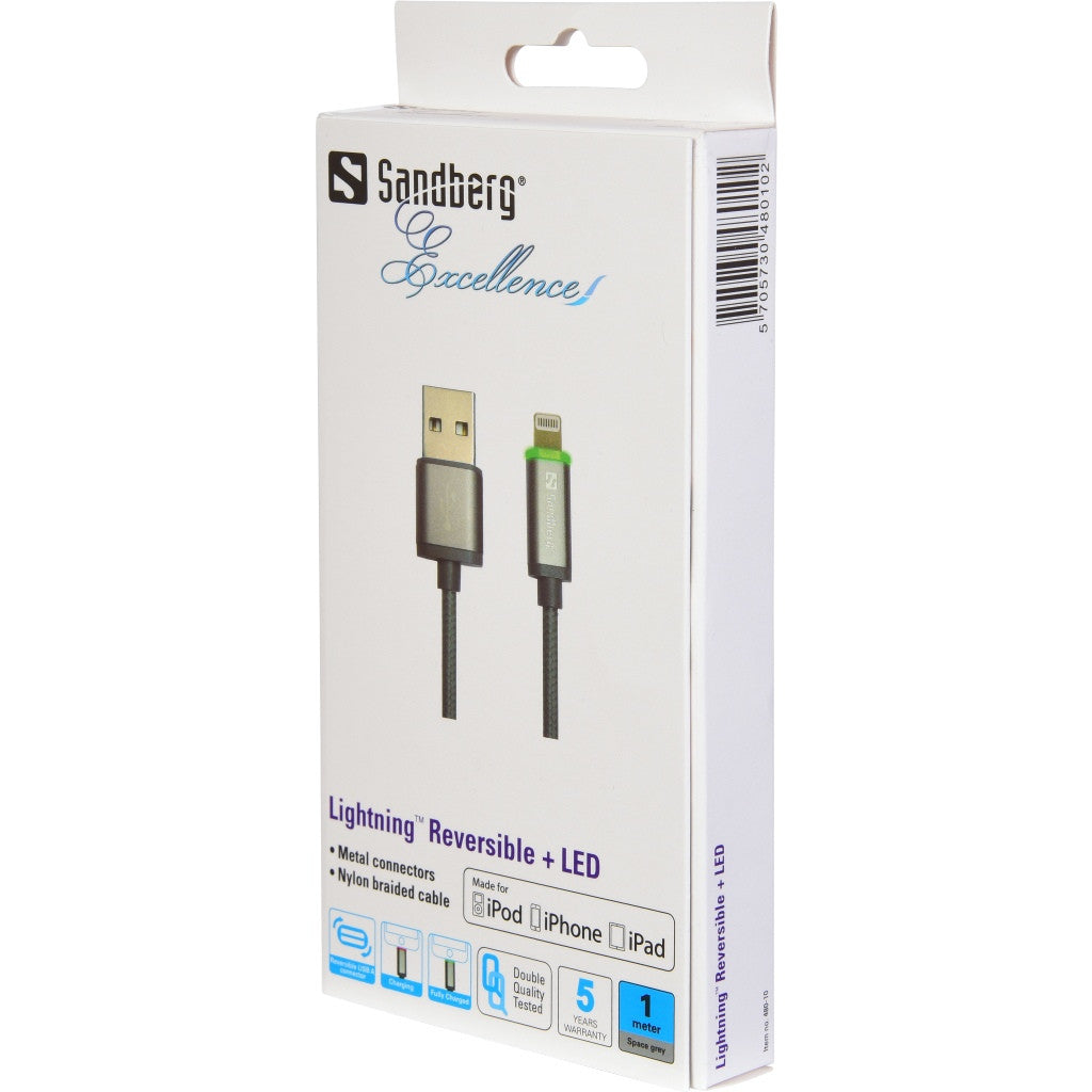 Sandberg Lightning Reversible + LED 1m - Cables by Sandberg The Chelsea Gamer