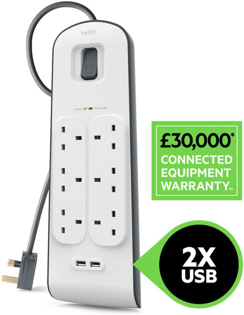 Belkin 6 Way Surge Protect Strip - 2m Cable with 2 x USB - Cables by Belkin The Chelsea Gamer