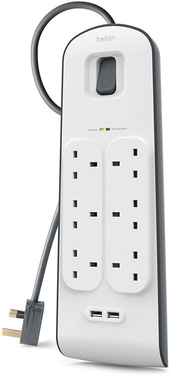 Belkin 6 Way Surge Protect Strip - 2m Cable with 2 x USB - Cables by Belkin The Chelsea Gamer