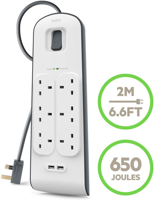 Belkin 6 Way Surge Protect Strip - 2m Cable with 2 x USB - Cables by Belkin The Chelsea Gamer