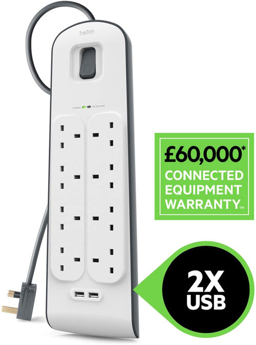 Belkin 8 Way Surge Protect Strip - 2m Cable with 2 x USB - Cables by Belkin The Chelsea Gamer