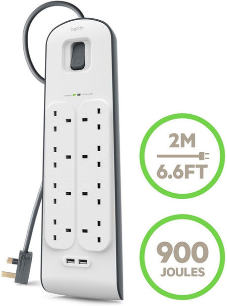 Belkin 8 Way Surge Protect Strip - 2m Cable with 2 x USB - Cables by Belkin The Chelsea Gamer
